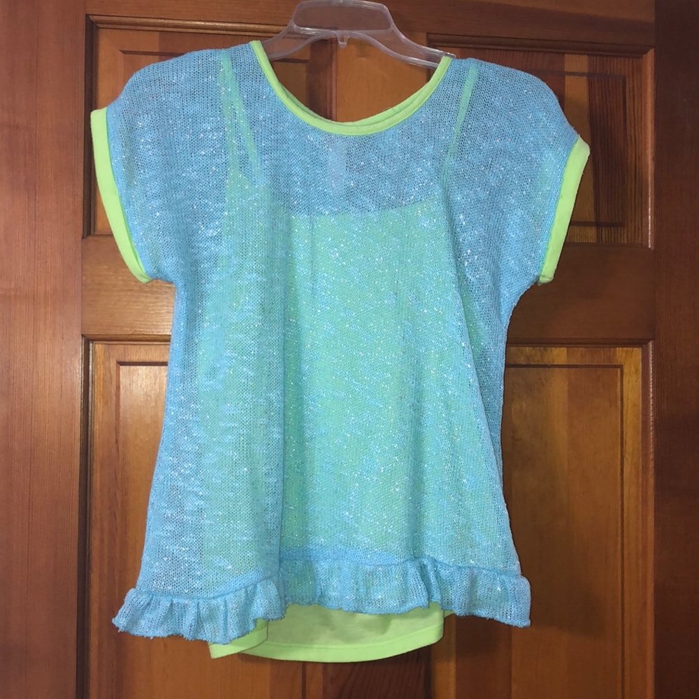 blue top with lime green tank top underneath